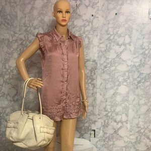 "Lapis Vintage Pink Ruffle Tunic: Size Medium. Ruffle shoulder & bottom details.
